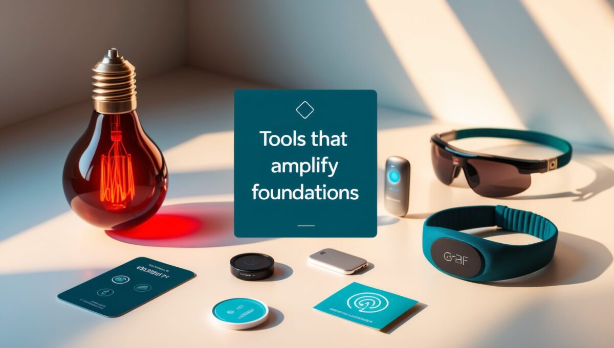 Unified flatlay of core biohacking tools like wearables, red light, blue blockers, CGM, and air quality tracking in a minimalist style.