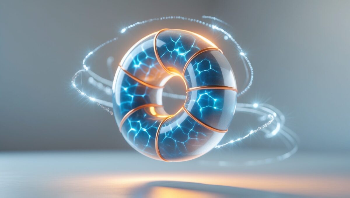 3D-Darstellung eines Mitochondriums aus mattem Glas mit innerem Kupferleuchten und blauen Energiepartikeln.