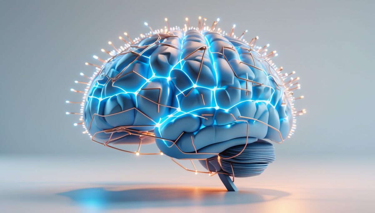 3D-Gehirn aus Kupferdraht-Knoten, verbunden durch blaue Lichtpfade auf weißem Hintergrund.