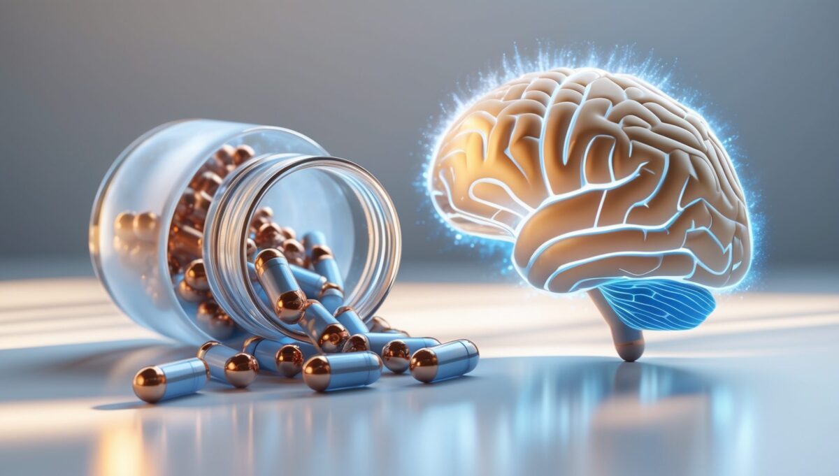Mattglas-Behälter mit kupferfarbenen Kapseln neben blauem Gehirn-Lichtumriss auf weißer Fläche.