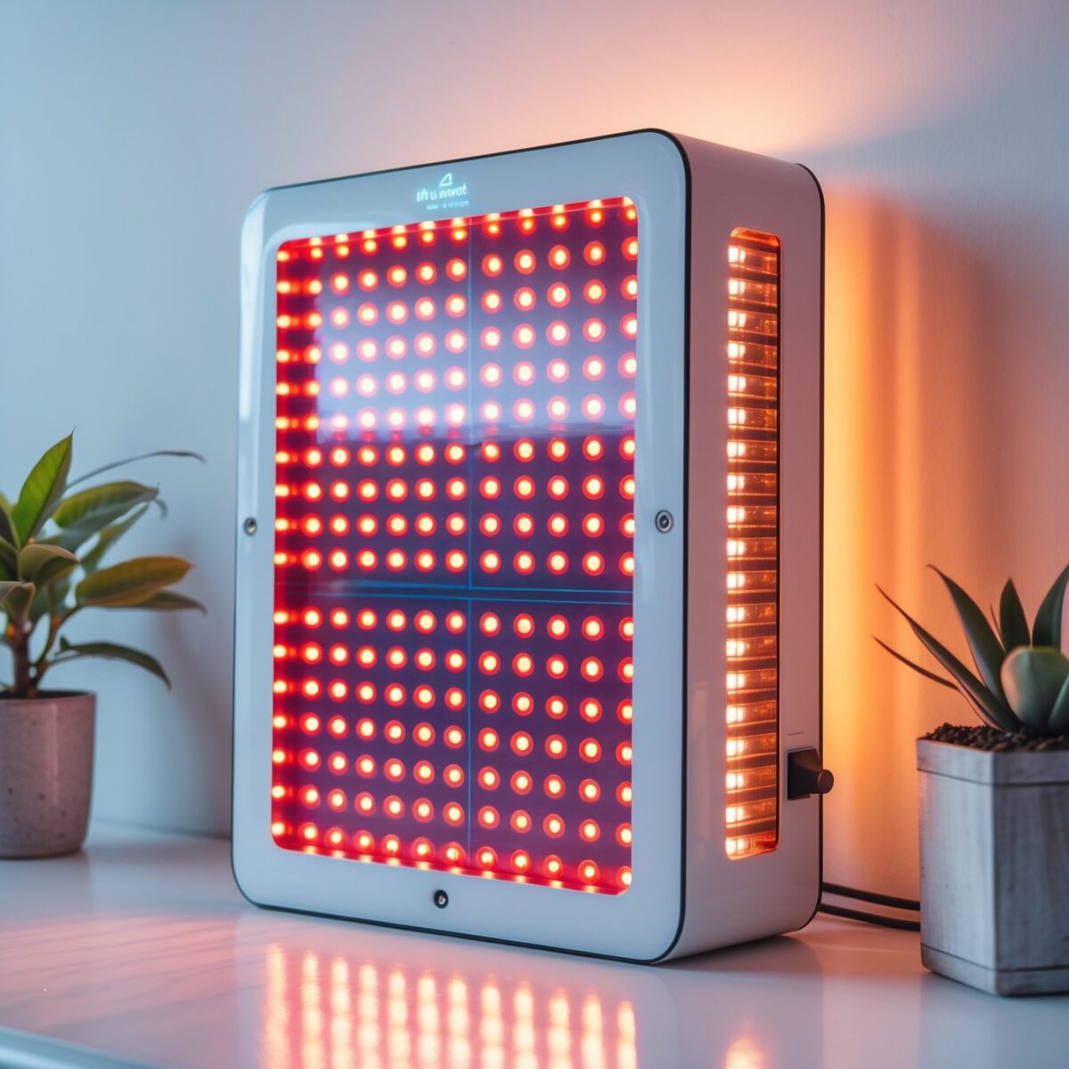 Rotlichttherapie-Panel mit warmem Leuchten an weißer Wand, kleine Pflanze als Größenvergleich.