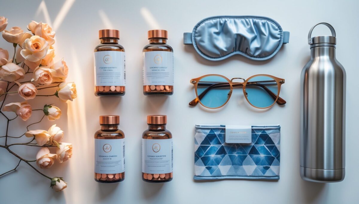 Organisiertes Grid aus Biohacking-Essentials: Oura Ring, Supplements, Schlafmaske und Wasserflasche.