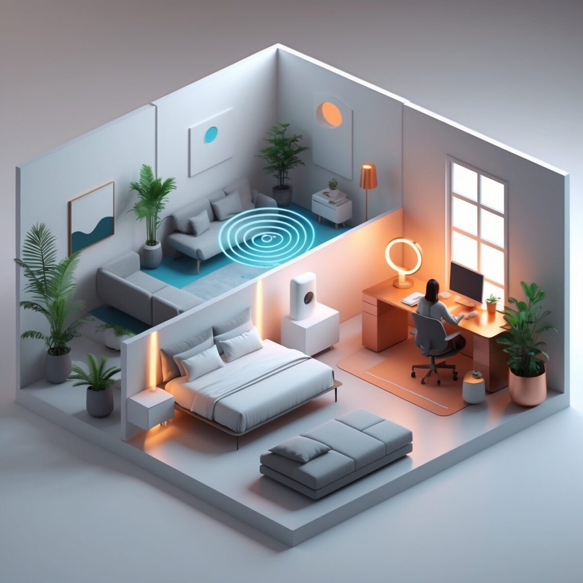 Isometrische 3D-Darstellung von drei Räumen mit verschiedenen EMF-Schutzstrategien.