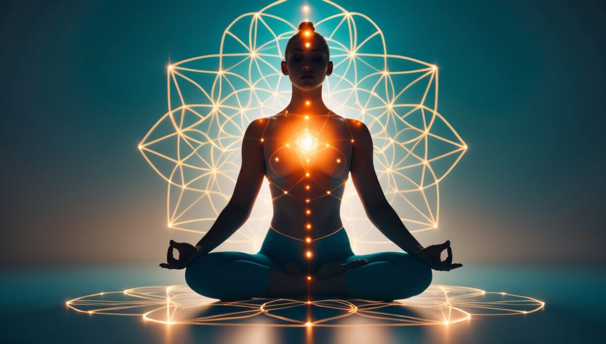 Meditative transluzente Figur mit innerem goldenen Leuchten und umgebendem geometrischen Lichtmuster.