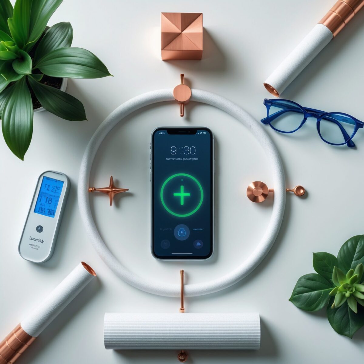 Draufsicht auf Smartphone umgeben von verschiedenen EMF-Schutzprodukten in symmetrischer Anordnung.