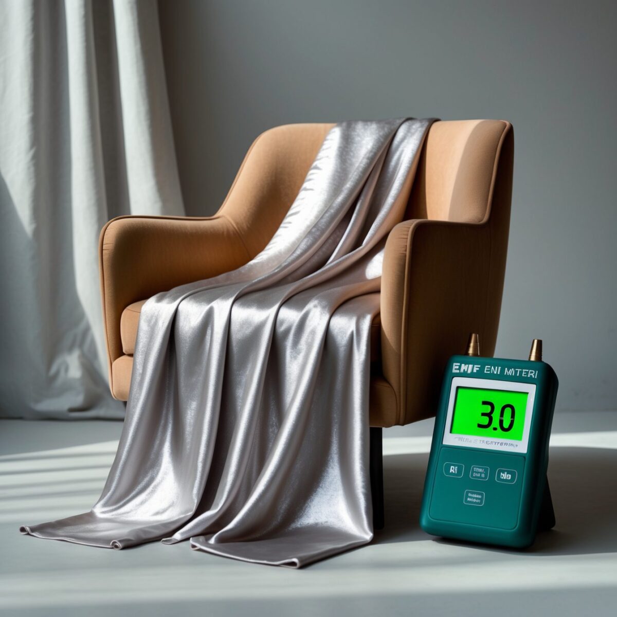 Elegante EMF-Abschirmdecke auf beigefarbenem Sessel mit EMF-Messgerät.