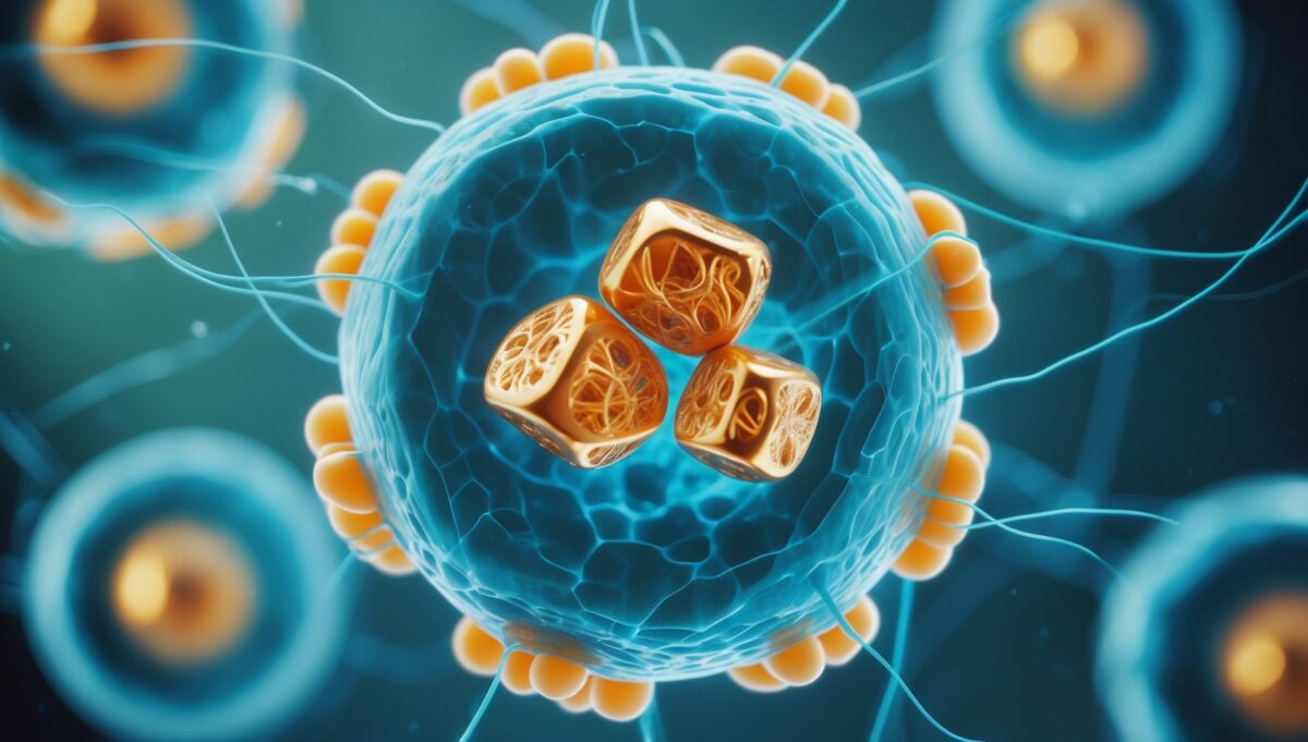 Wissenschaftliche 3D-Darstellung einer Zelle mit goldenen Mitochondrien und blauen elektromagnetischen Feldlinien.