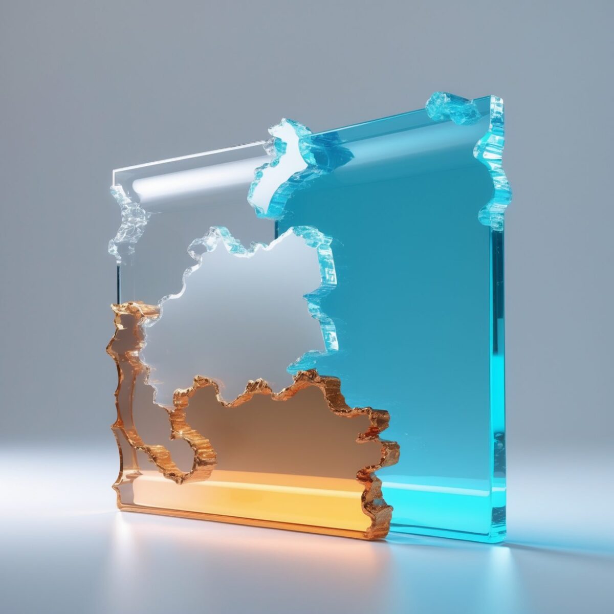 3D-Darstellung der DACH-Region als Glasplatten, Schweiz in Kupfer, Deutschland und Österreich in Blau