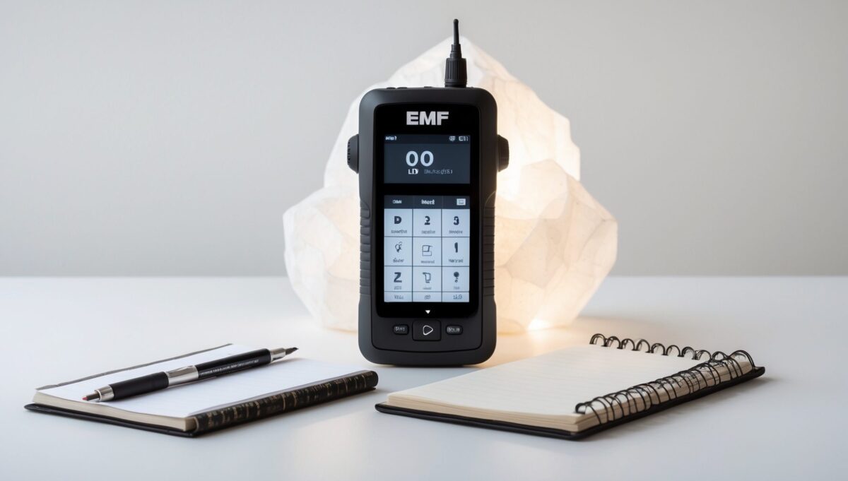Professionelles EMF-Messgerät mit digitalem Display auf weißer Oberfläche mit Notizbuch