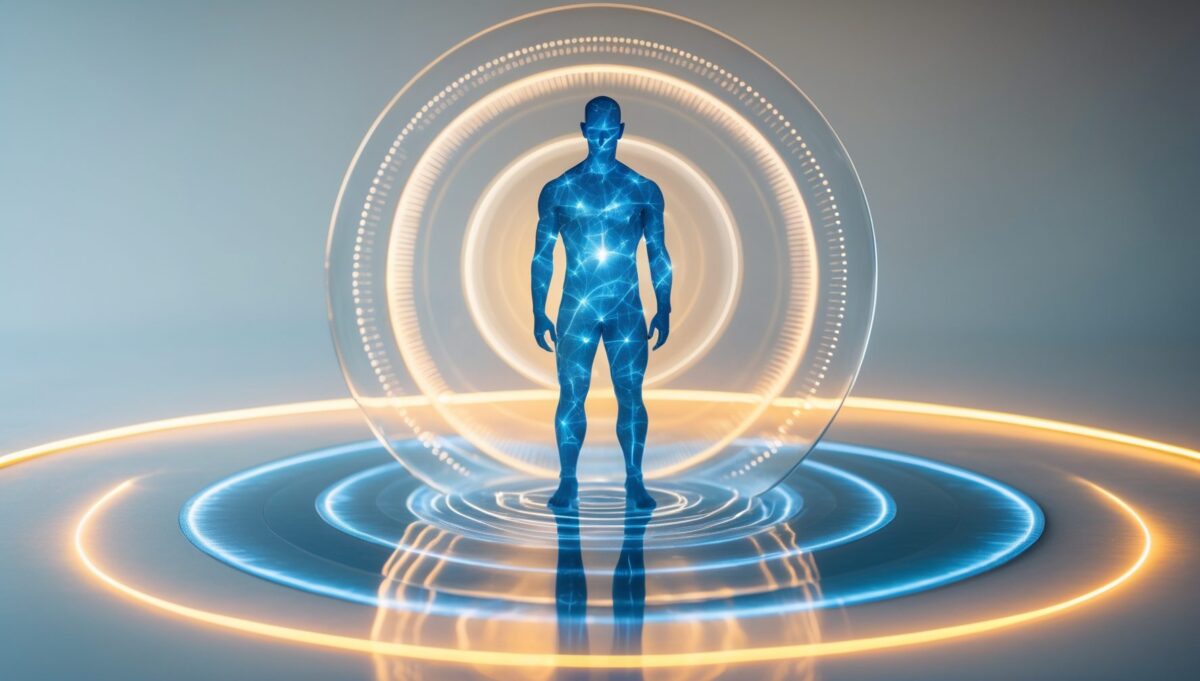 Menschliche Silhouette aus Milchglas mit konzentrischen Lichtkreisen in Kupfer und Blau auf grauem Hintergrund.