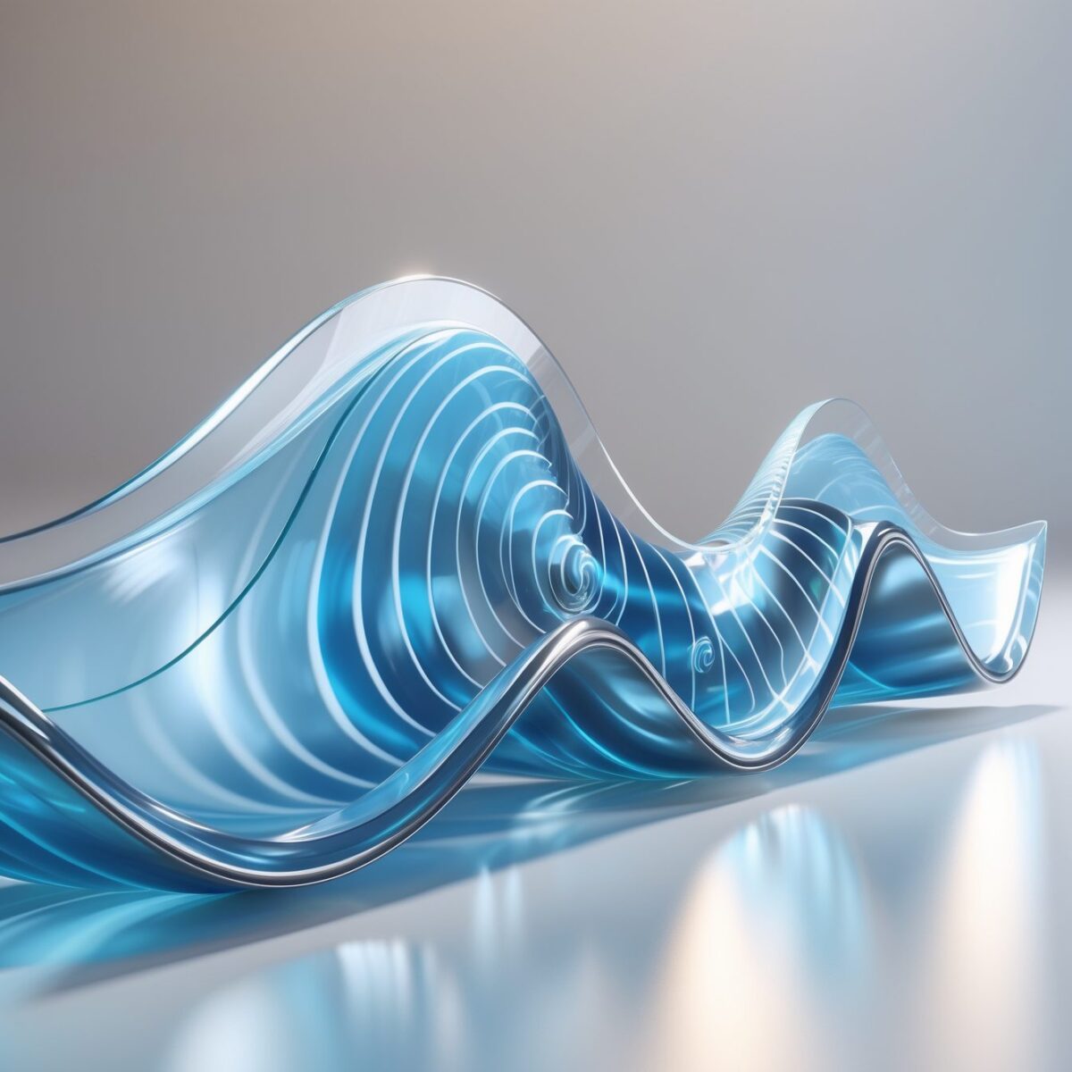 Abstrakte 3D-Visualisierung einer longitudinalen Welle aus transparentem blauen Glas in weißem Raum.