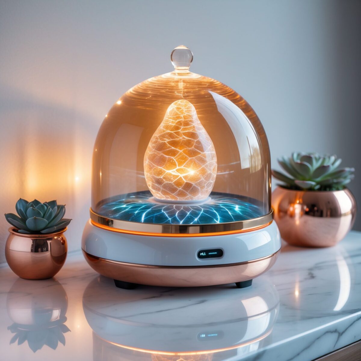 Premium-Produktfoto eines Glas-Dome-Geräts mit warmem, bernsteinfarbenem Licht auf weißer Marmoroberfläche.