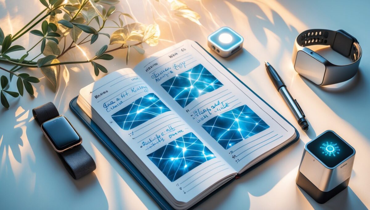 Organisierter Schreibtisch von oben mit Notizbuch, Fitness-Tracker und leuchtendem Gerät bei Morgenlicht.