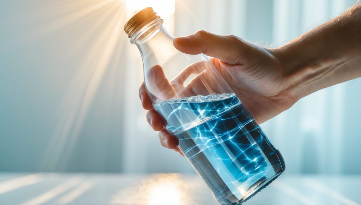 Hand schüttelt eine Glasflasche mit Wasser vor hellem Hintergrund mit sanfter Lichtbrechung.