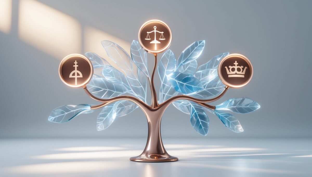 Minimalistischer 3D-Entscheidungsbaum aus Frosted-Glass mit drei Pfaden zu Budget-, Mittelklasse- und Premium-Optionen (Kupfer-Symbole).