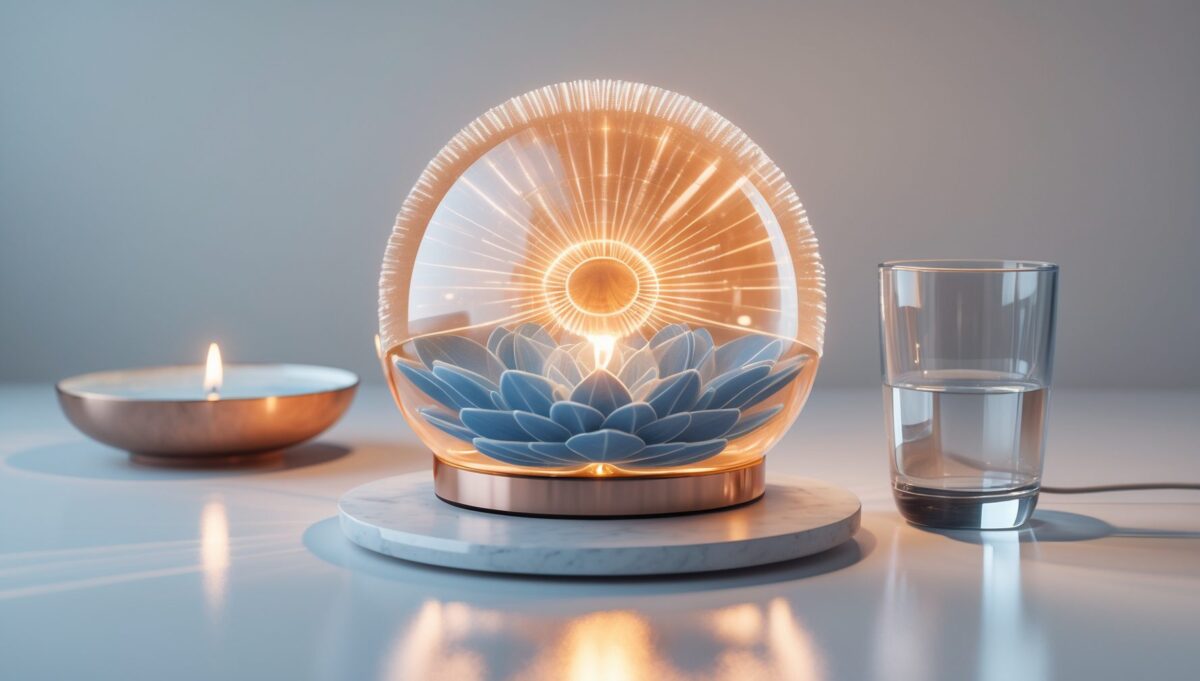 Glas-Kuppellampe mit warmem Bernstein-Licht neben einem Wasserglas auf weißer Oberfläche.