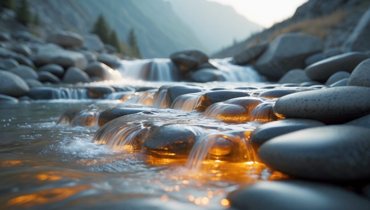 Crystal-clear water cascading over smooth stones with warm amber glow in soft morning light