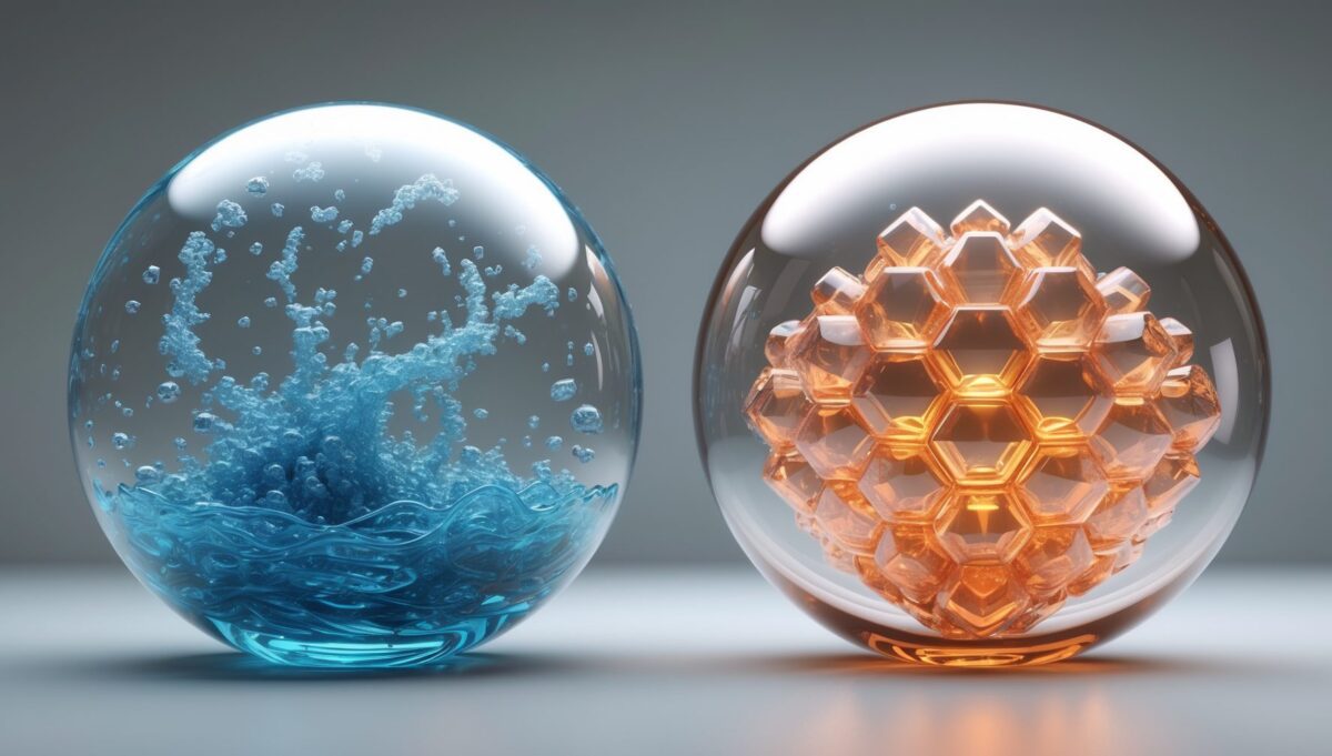 Two glass spheres showing chaotic blue water particles versus organized copper hexagonal structures