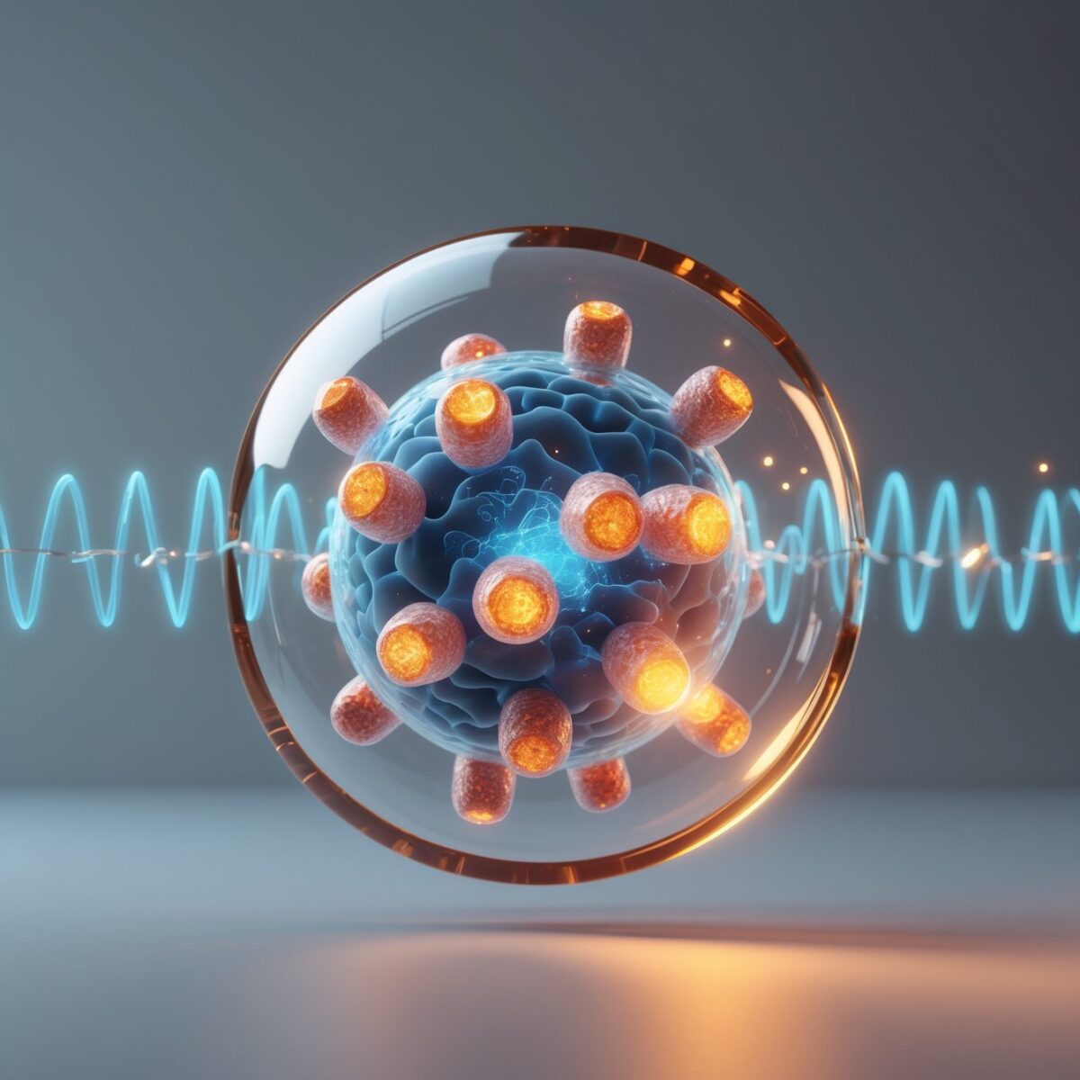 Translucent glass cell with copper mitochondria as blue frequency waves transform to amber light at membrane