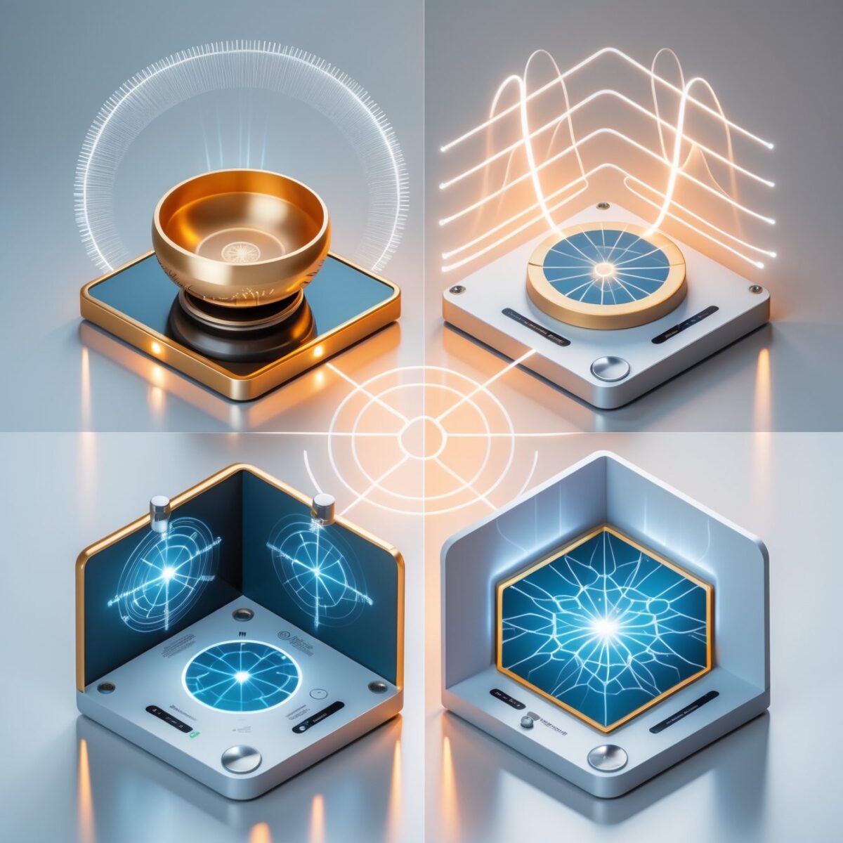 Isometric illustration comparing four types of frequency therapy: sound healing with singing bowls, PEMF electromagnetic therapy, Rife frequencies, and red light photobiomodulation