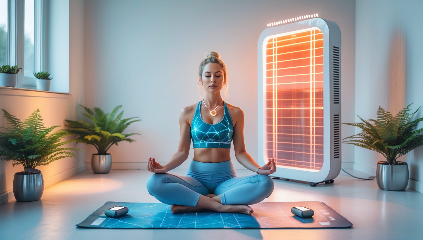 Woman practicing meditation in front of red light therapy panel in minimalist wellness room with natural plants and serene atmosphere
