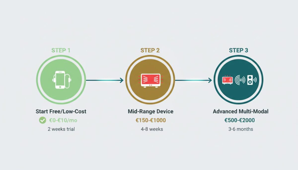 Three-step timeline infographic showing how to start with frequency therapy from free apps to mid-range devices to advanced multi-modal setups with cost ranges