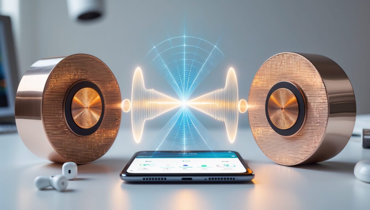 Metallic coils with holographic frequency pattern and tablet showing therapy app on white desk