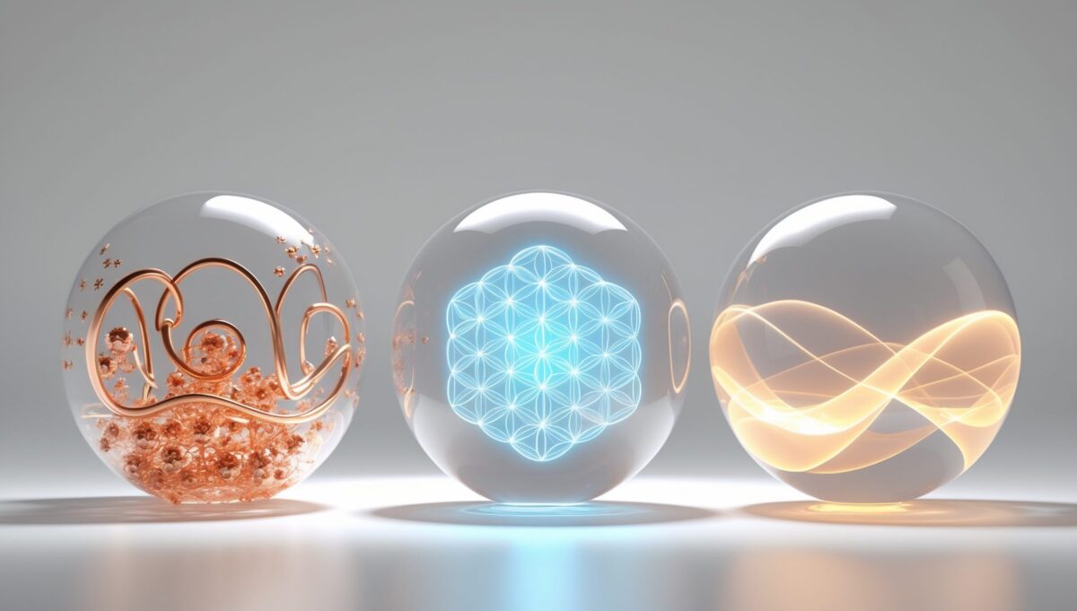 Three floating glass orbs containing copper particles, blue sacred geometry, and amber light waves on white background