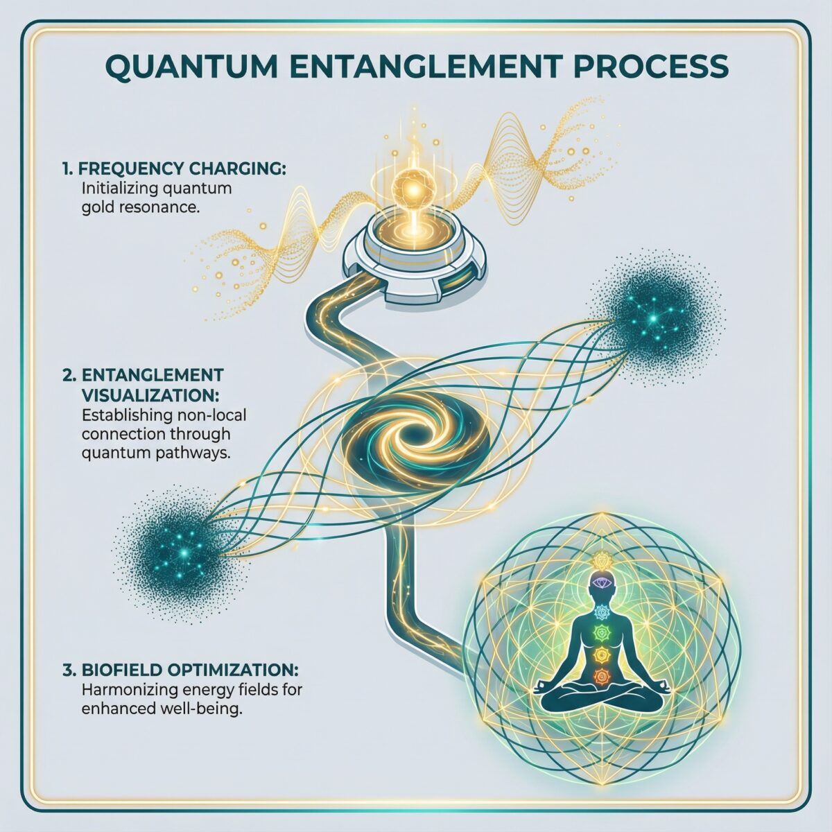 Three-step infographic showing how Leela quantum entanglement technology works from frequency charging to biofield optimization
