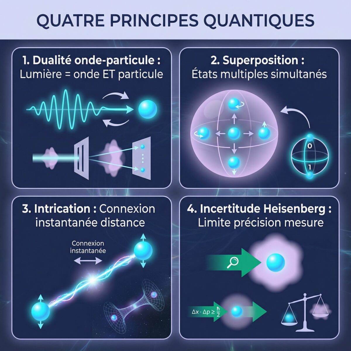 Quatre principes fondamentaux de la physique quantique expliqués visuellement : dualité, superposition, intrication, incertitude
