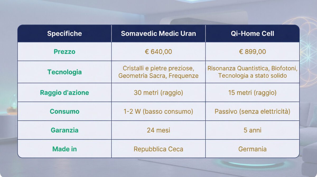 Tabella specifiche tecniche Somavedic versus Qi-Home Cell