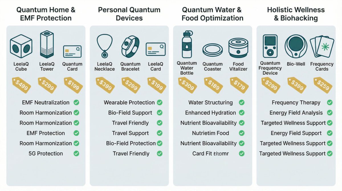 Comparison chart showing all Leela Quantum products from Frequency Cards to Infinity Bloc with pricing and coverage areas