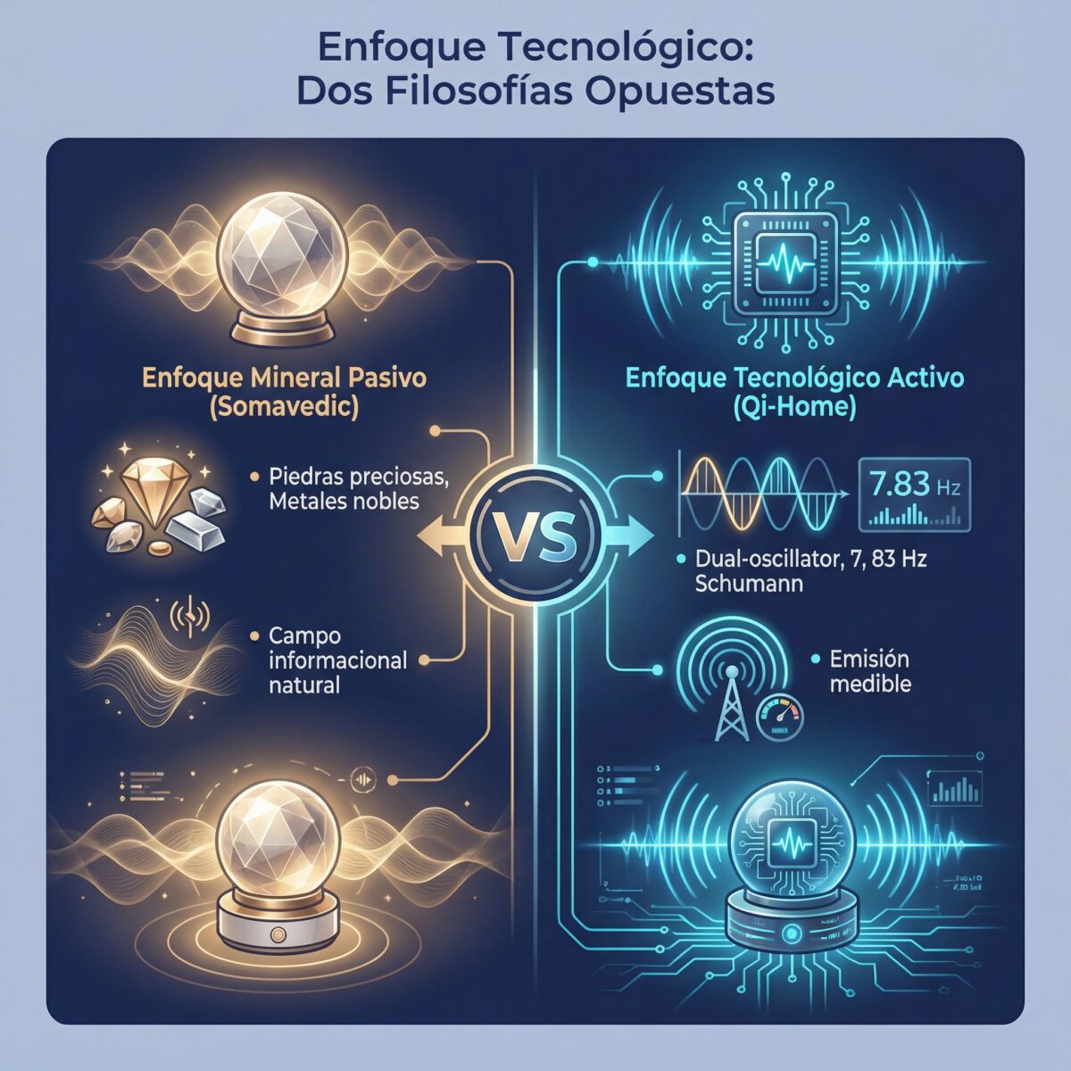 Comparación filosofías tecnológicas: minerales pasivos vs osciladores activos