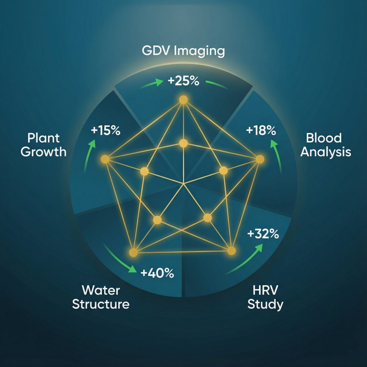 Scientific data visualization showing five categories of Leela Quantum testing results including HRV improvements and biofield analysis