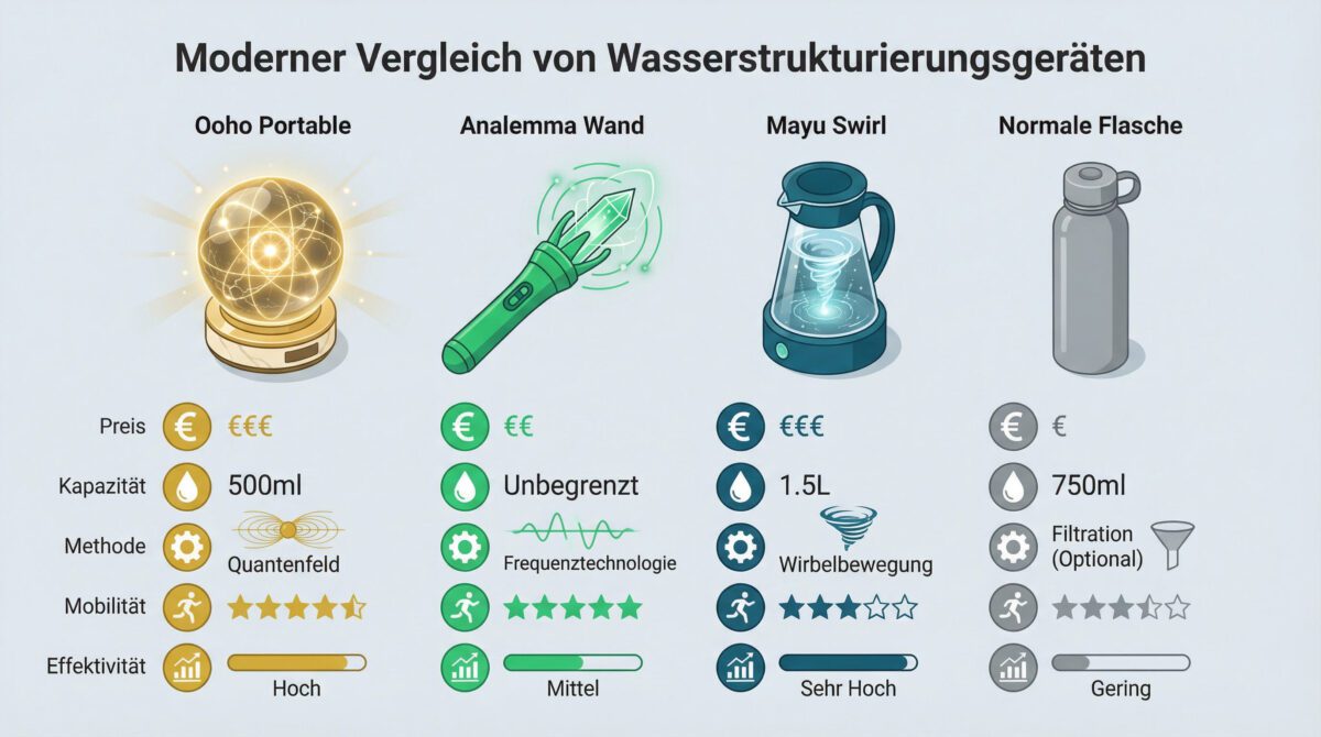 Vergleich Ooho Portable mit Analemma, Mayu Swirl und normaler Trinkflasche