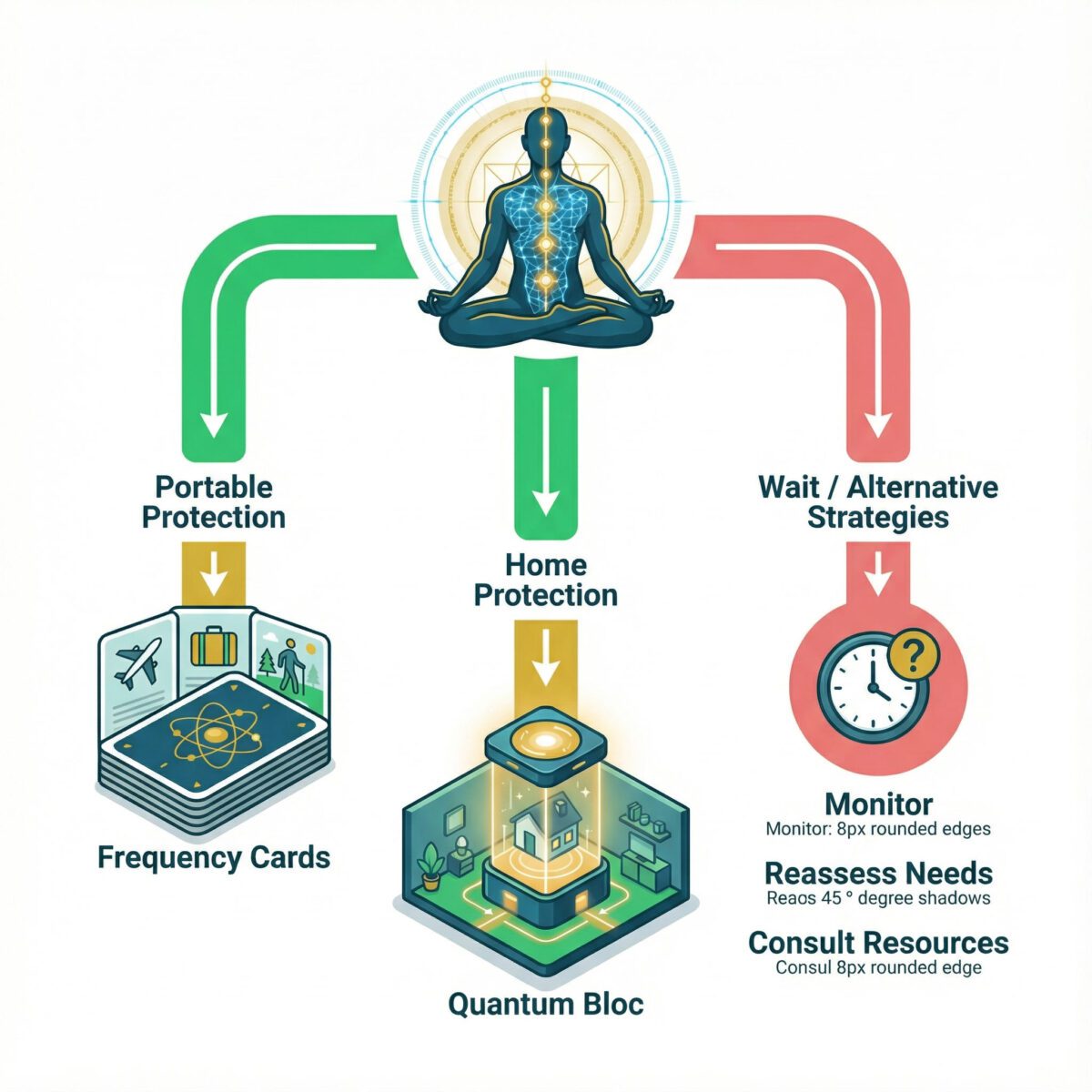 Decision tree framework helping users choose between Leela Frequency Cards, Quantum Blocs, or alternative EMF protection strategies