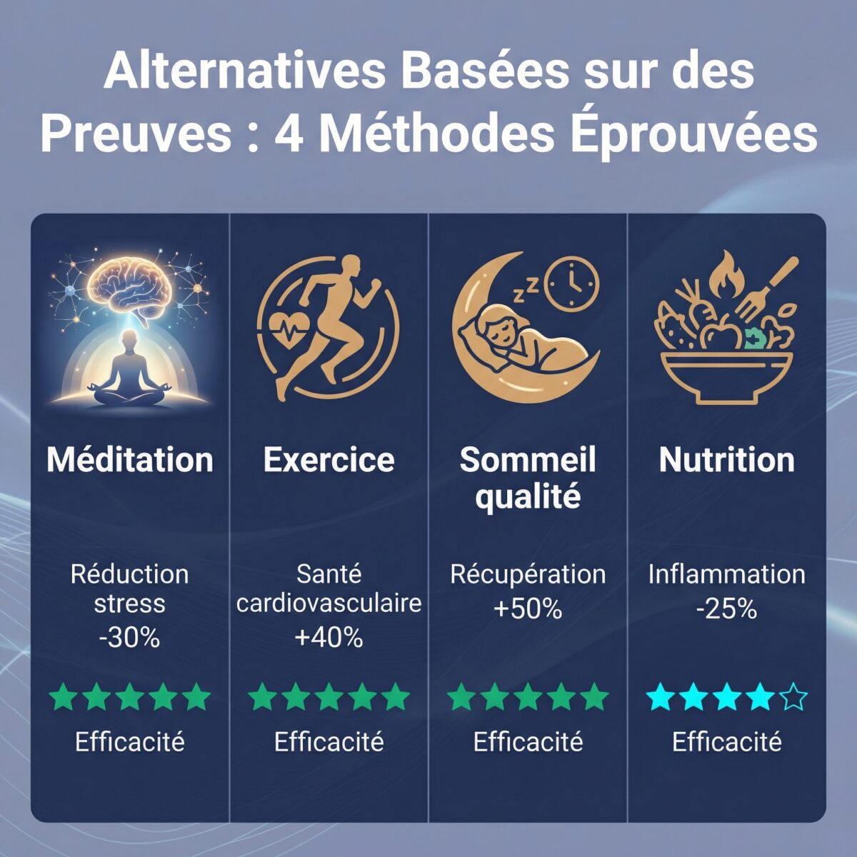 Quatre alternatives fondées sur des preuves scientifiques solides : méditation, exercice, sommeil et nutrition