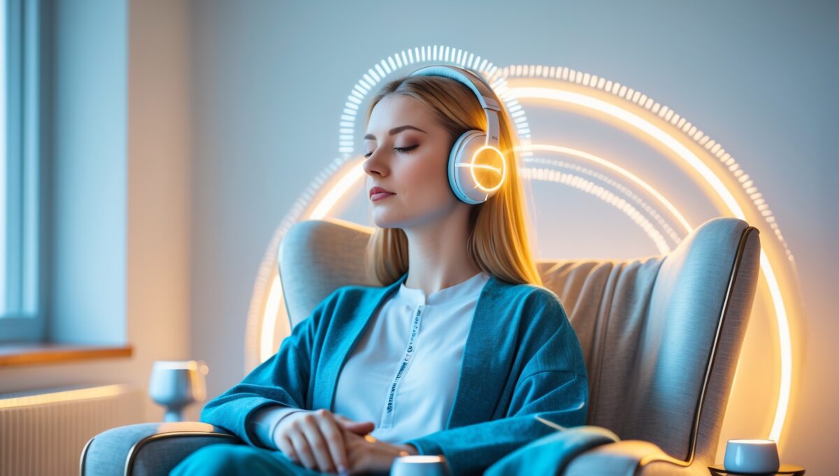 Woman wearing high-quality headphones in a modern minimalist living room, eyes closed in deep meditation state, with soft quantum gold lighting accents representing brainwave entrainment.
