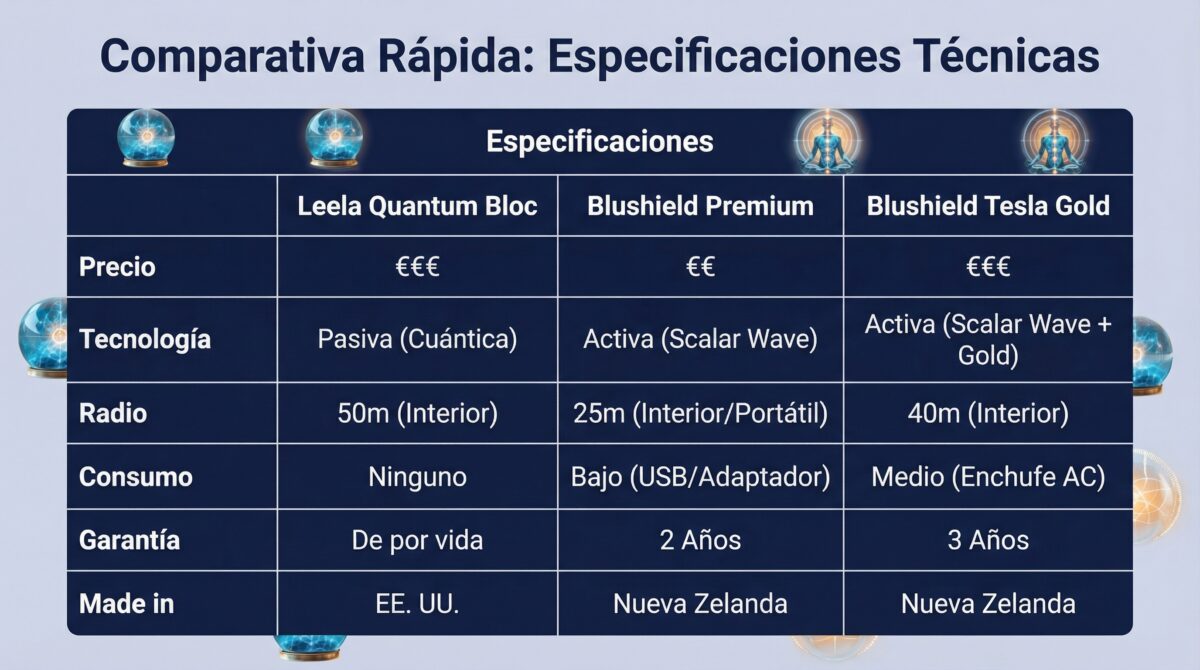 Tabla especificaciones técnicas Leela Quantum vs Blushield