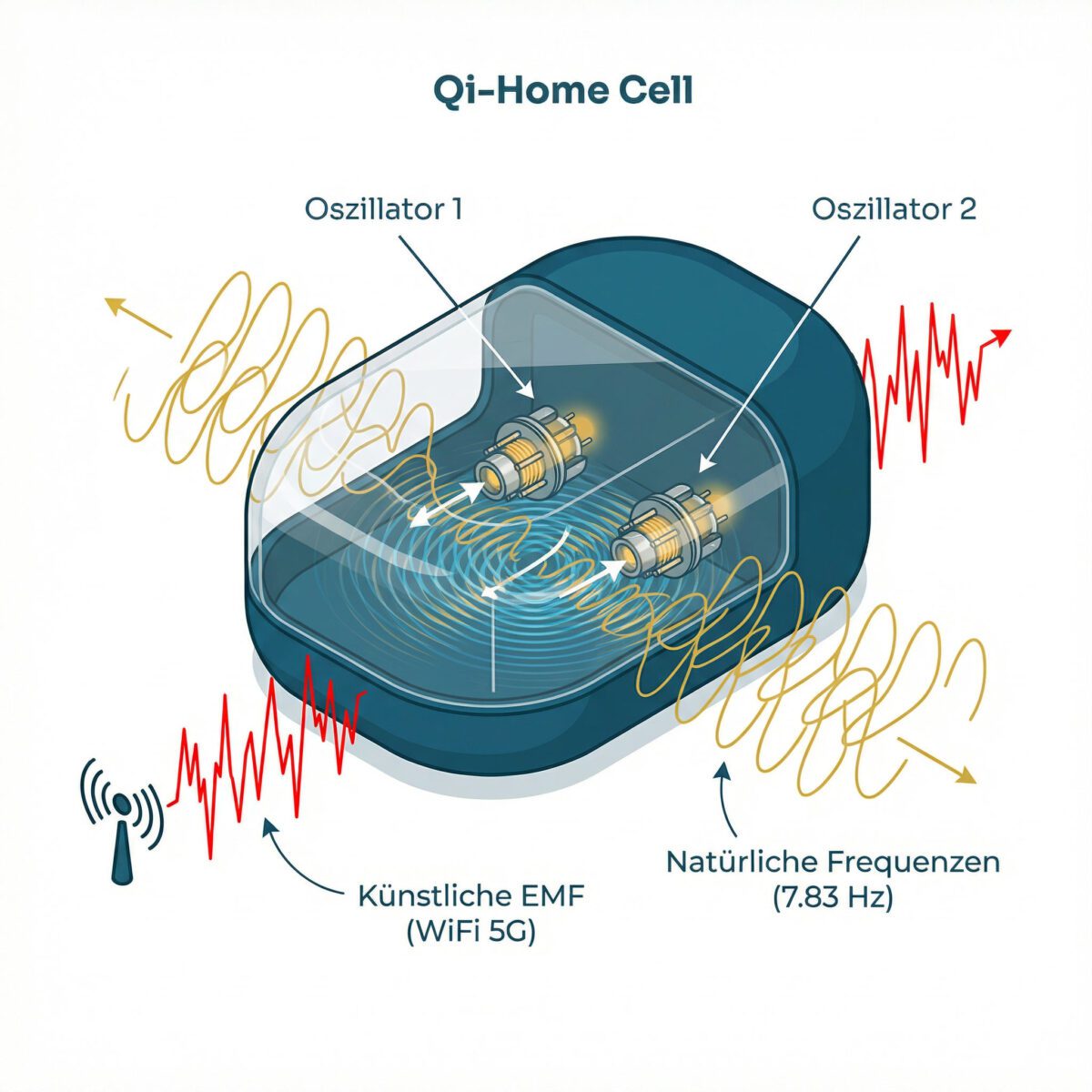 Technisches Diagramm der Dual-Oszillator-Technologie des Qi-Home Cell mit Frequenzüberlagerung