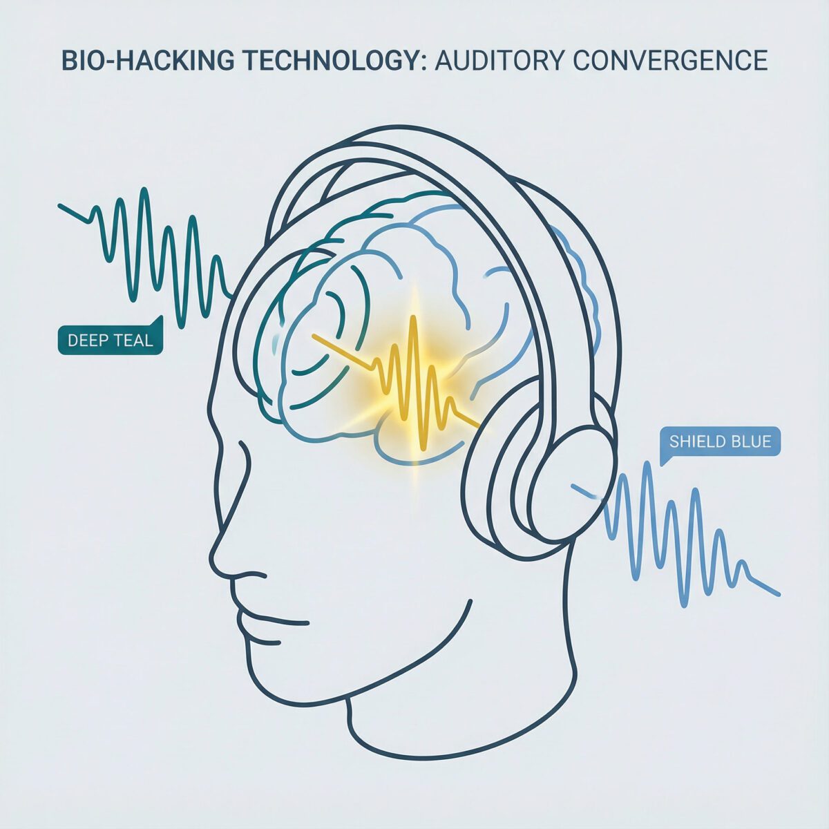 Technical diagram illustrating binaural beats: distinct frequencies entering left and right ears, converging in the brain to create a third entrainment frequency.