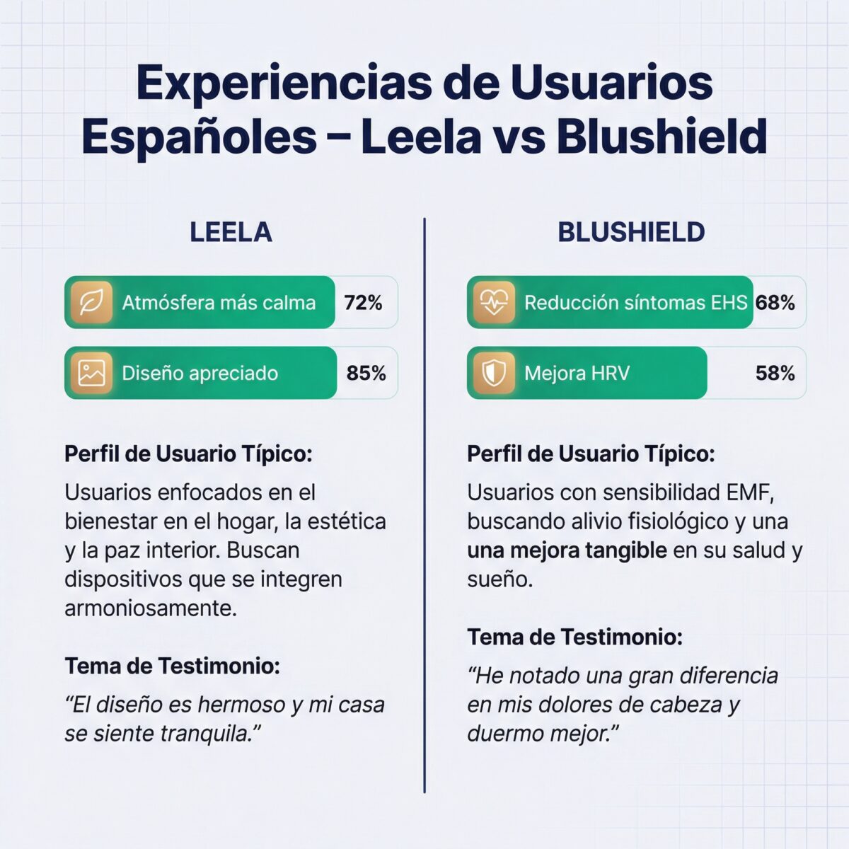 Experiencias usuarios españoles Leela vs Blushield: porcentajes efectos