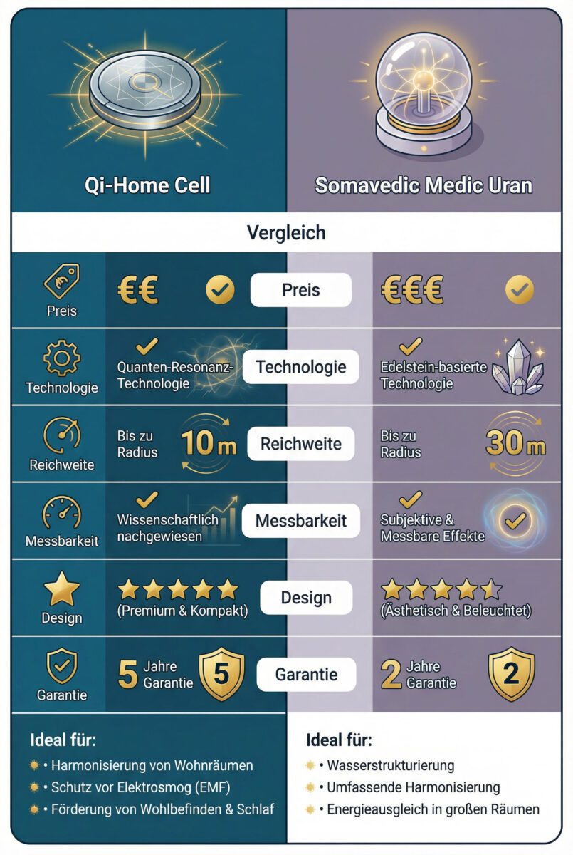 Visueller Vergleich zwischen Qi-Home Cell und Somavedic Medic Uran EMF-Schutzgeräten