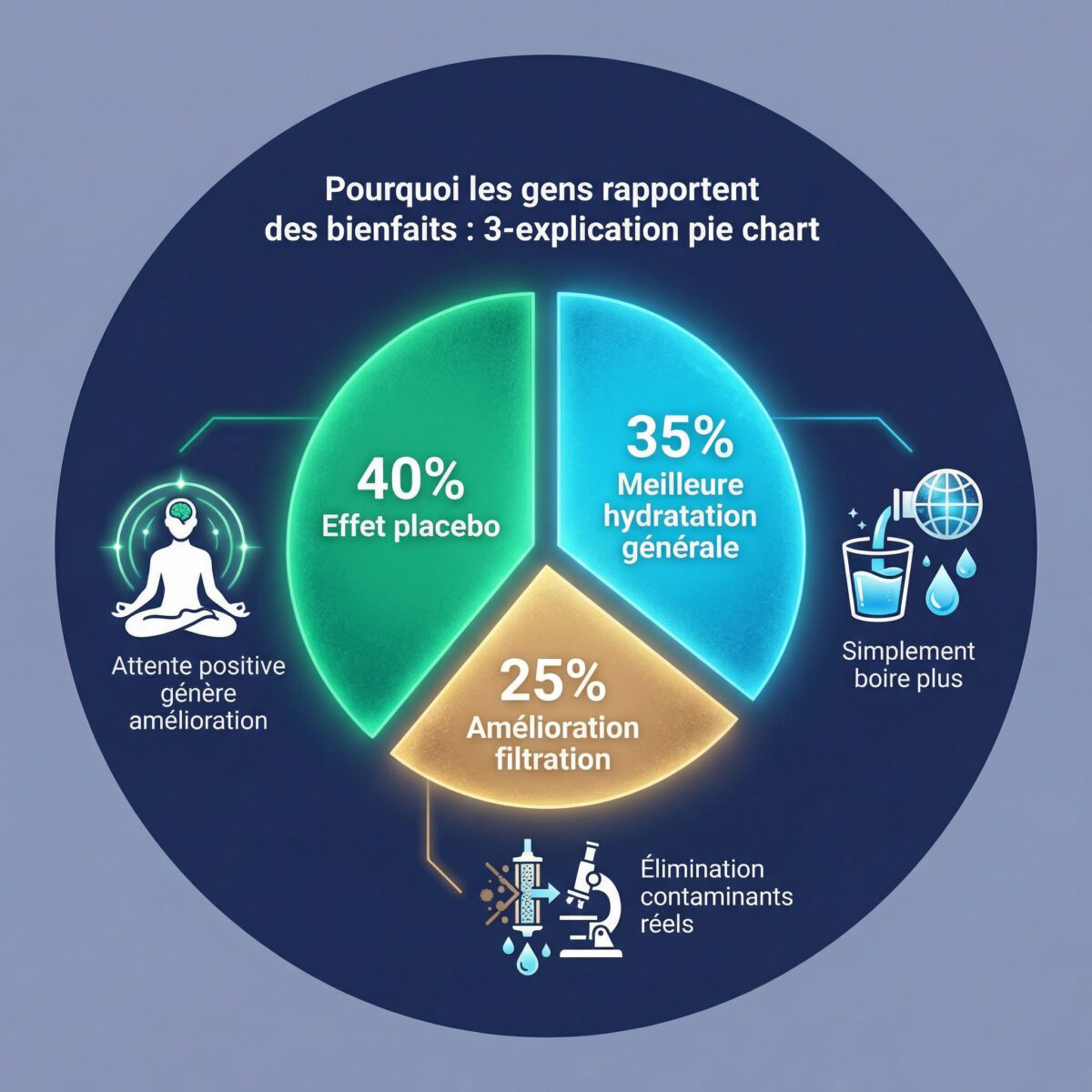 Trois explications scientifiques des bénéfices perçus de l'eau structurée : placebo, hydratation, filtration