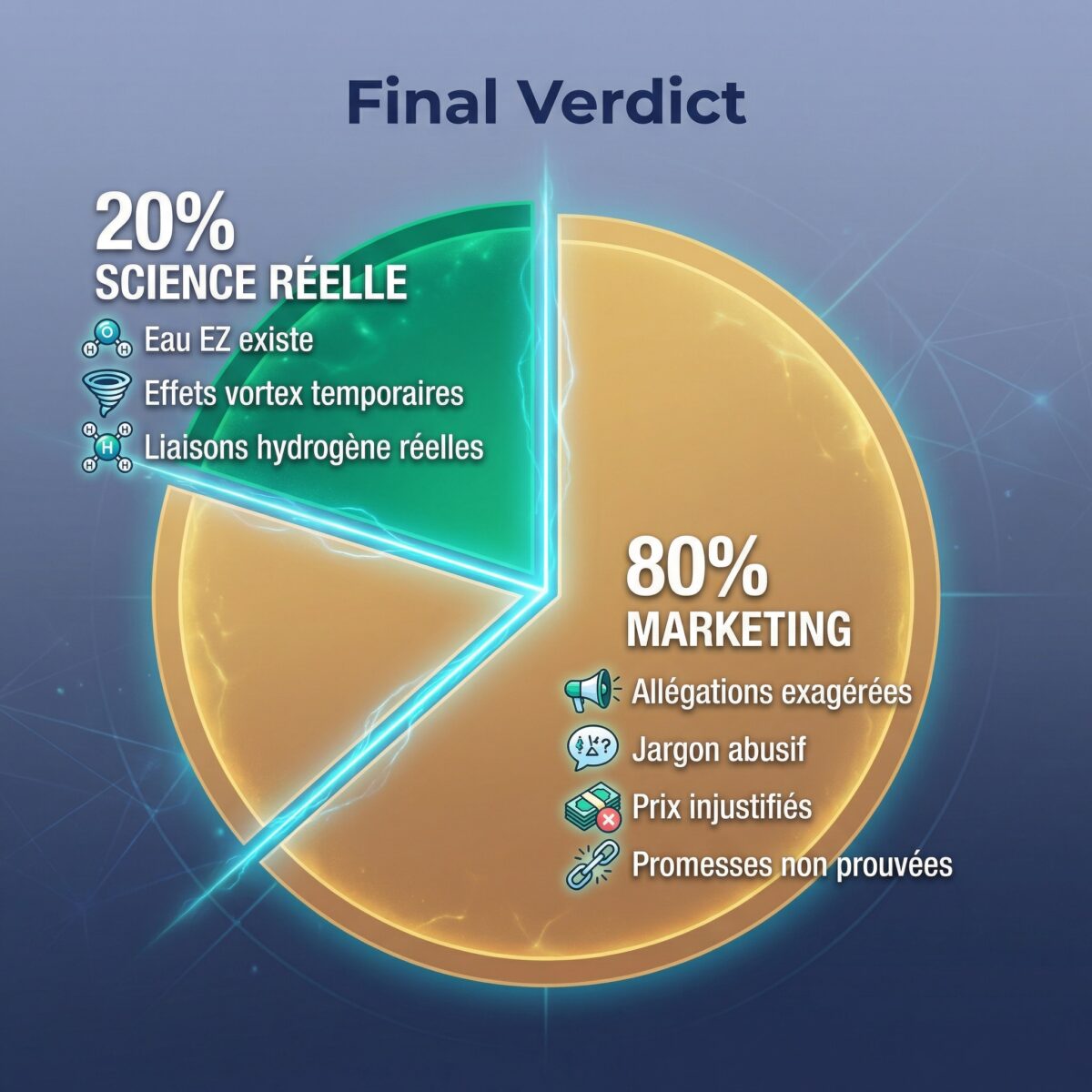 Verdict final sur l'eau structurée : 20% science réelle versus 80% marketing avec explications détaillées
