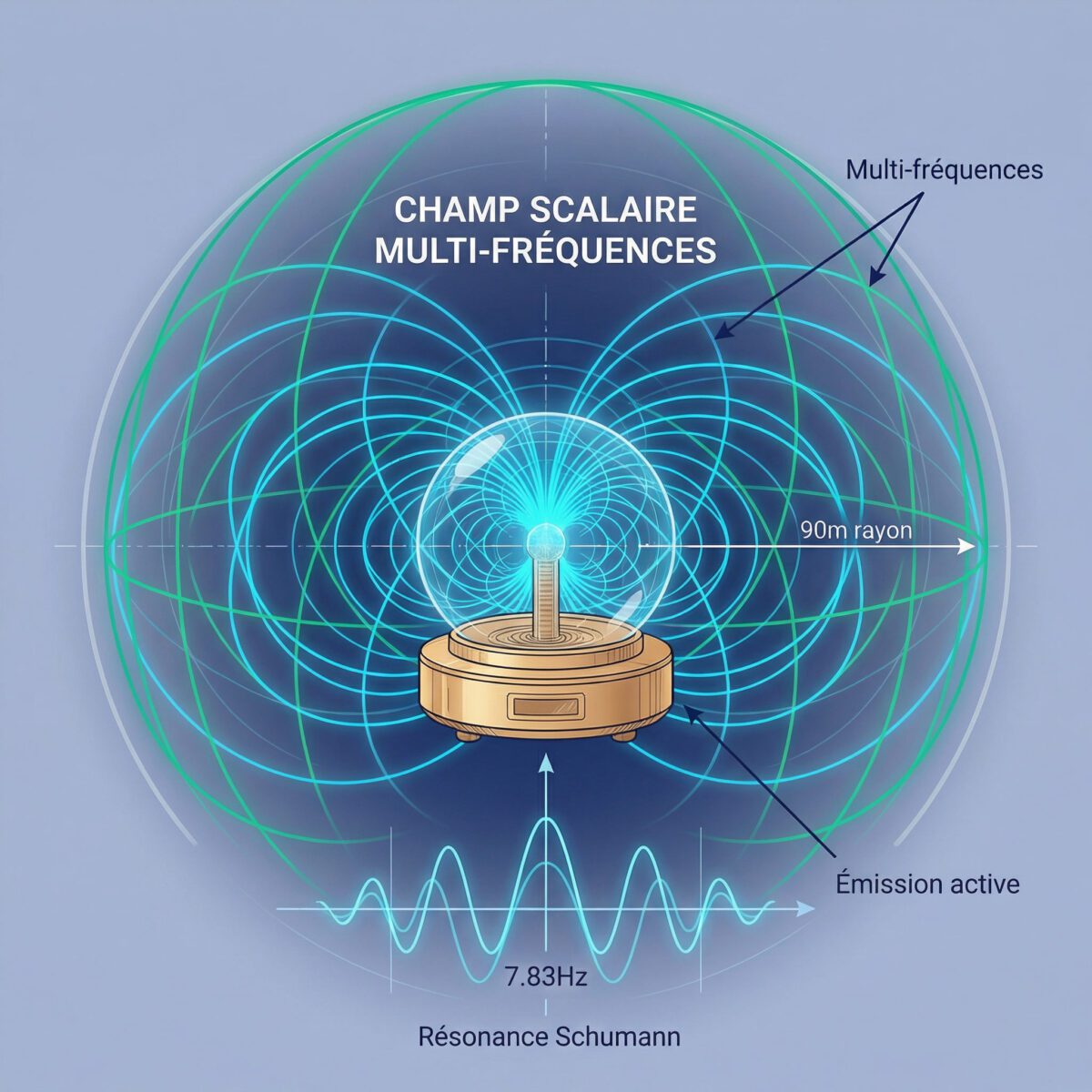 Schéma technologie scalar field Blushield : champ multi-fréquences et rayon protection 90 mètres