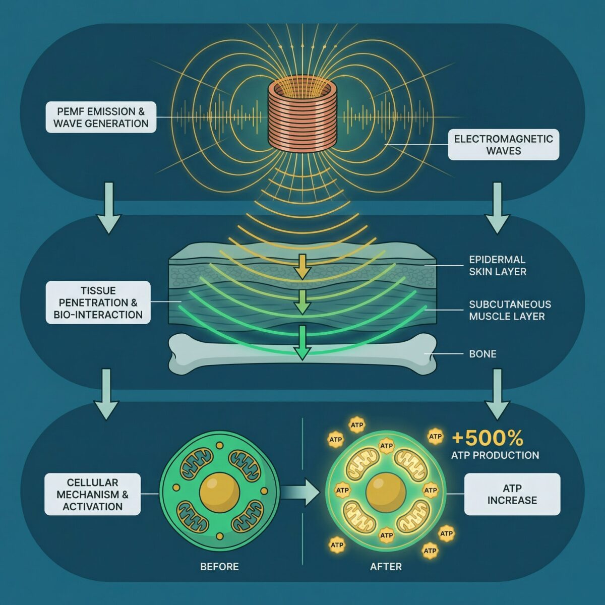 Infographic showing how PEMF electromagnetic waves penetrate tissue and increase cellular ATP production