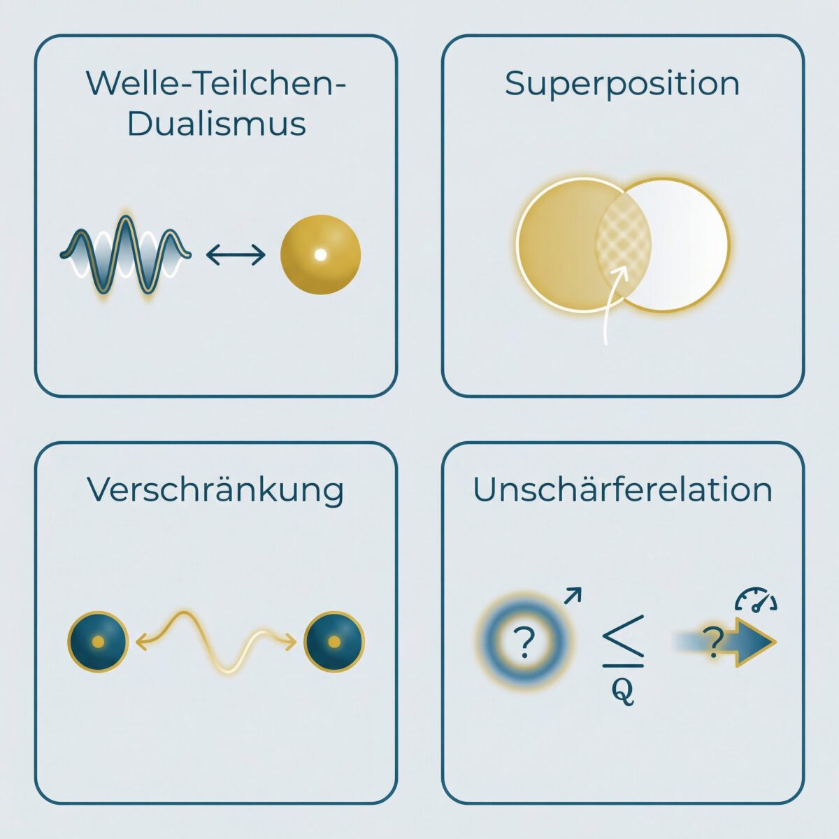 Infografik: Die 4 Grundprinzipien der Quantenphysik – Welle-Teilchen-Dualismus, Superposition, Verschränkung und Unschärferelation einfach erklärt