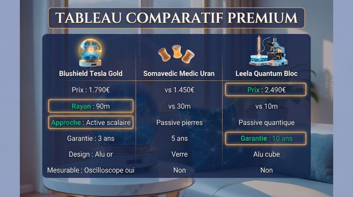 Matrice comparative trois appareils premium : Blushield Tesla Gold, Somavedic et Leela Quantum Bloc