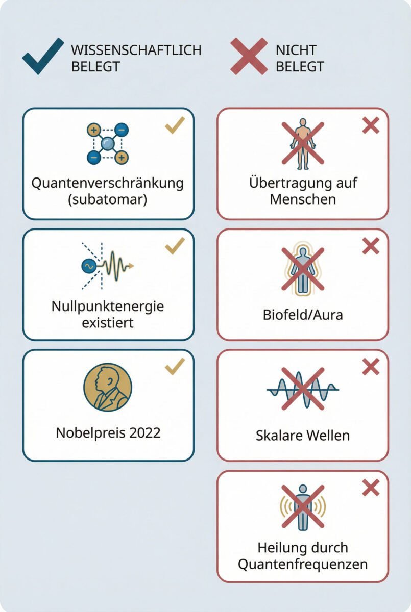 Vergleichsinfografik: Wissenschaftlich belegte Quantenphysik vs. unbelegte Marketing-Behauptungen bei Quantenenergie-Produkten